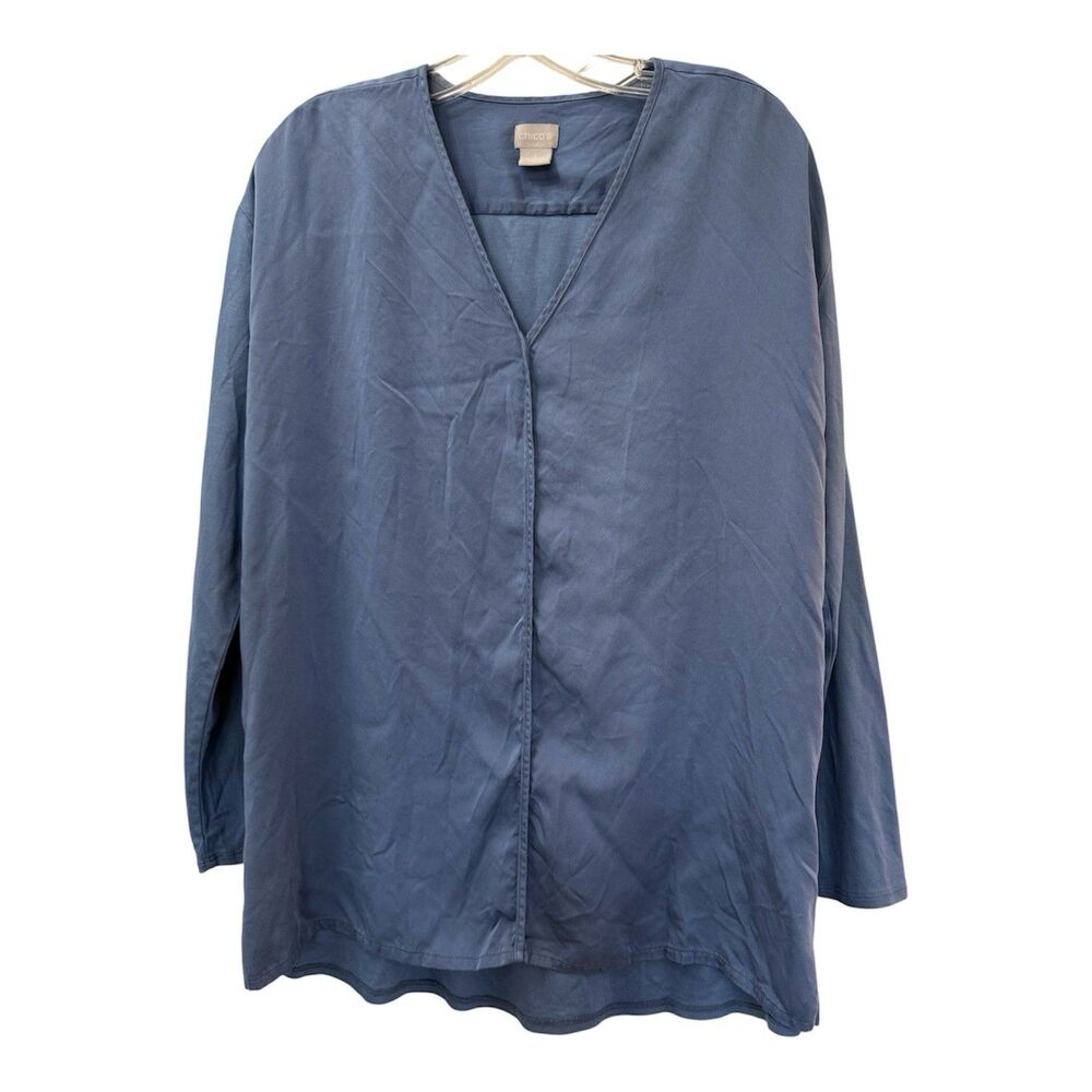 Chicos Tunic Top Size Large (2) 12/14 Blue V Neck Long Sleeve Lightweight